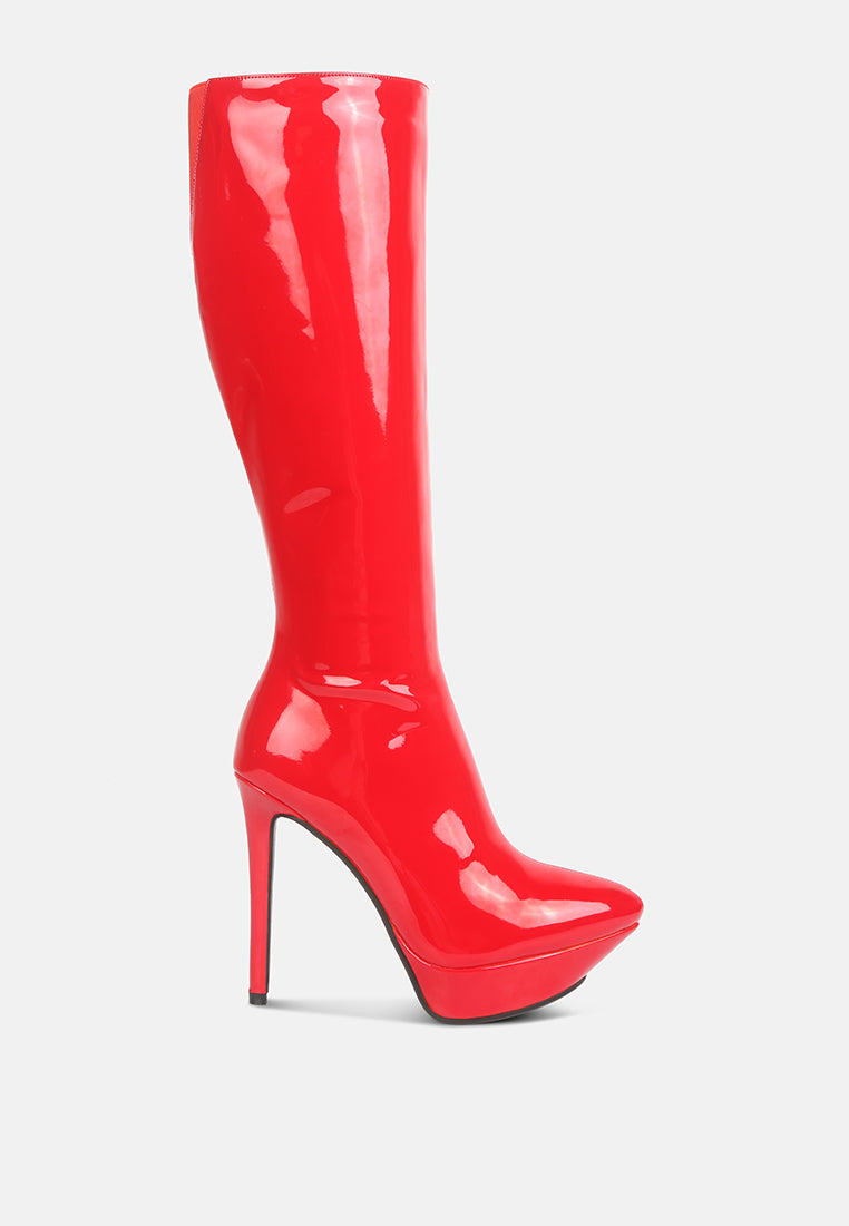 CHATTON Red Patent Stiletto Heeled Knee high Boots#color_red