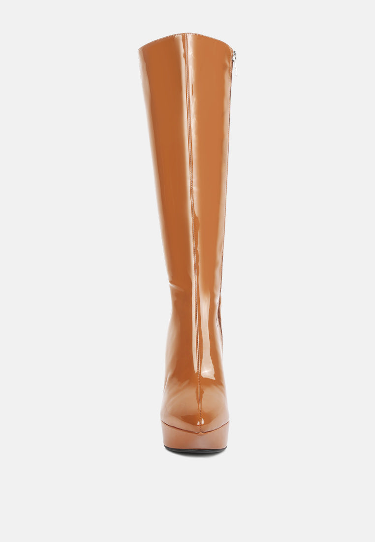 CHATTON Tan Patent Stiletto Heeled Knee high Boots#color_tan