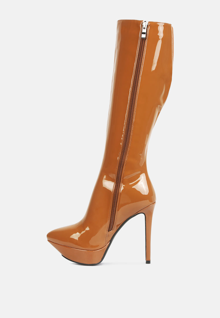 CHATTON Tan Patent Stiletto Heeled Knee high Boots#color_tan