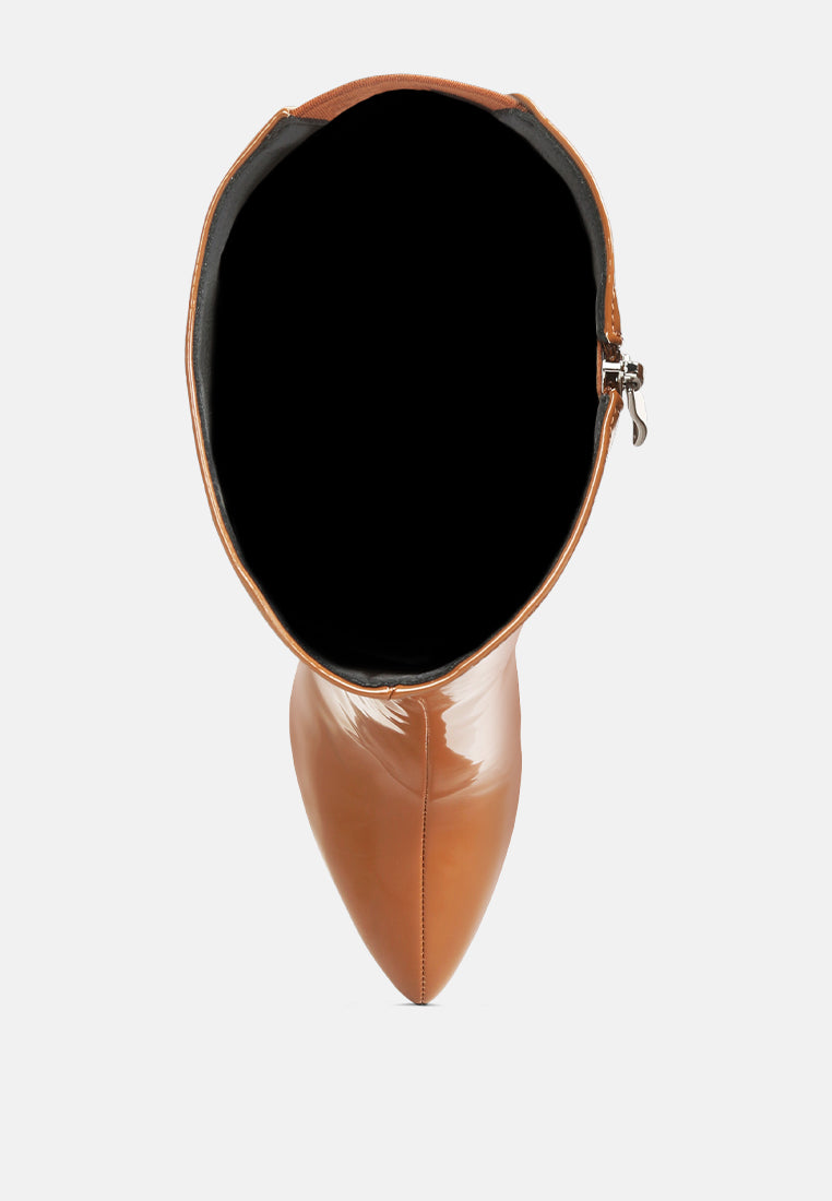 CHATTON Tan Patent Stiletto Heeled Knee high Boots#color_tan