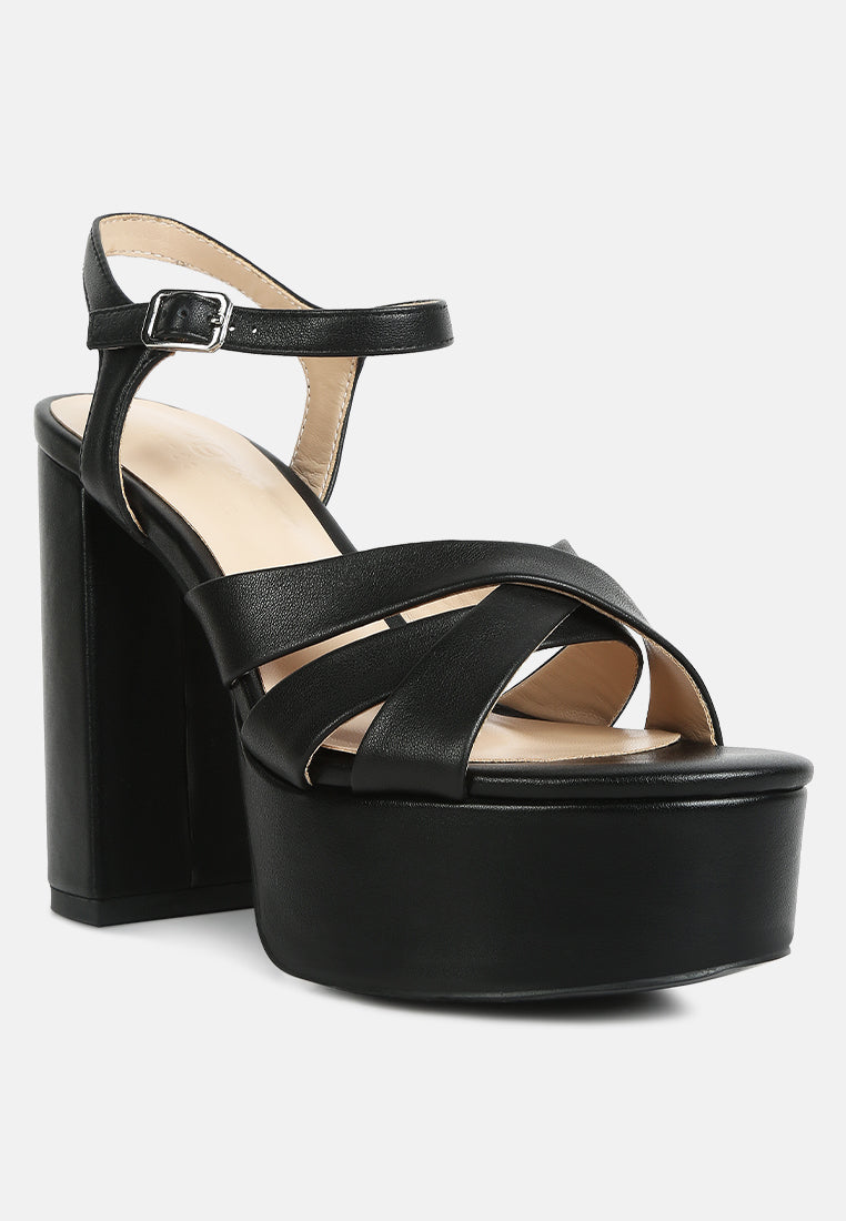 de vil crisscross straps slim block heel sandals in Black#color_black