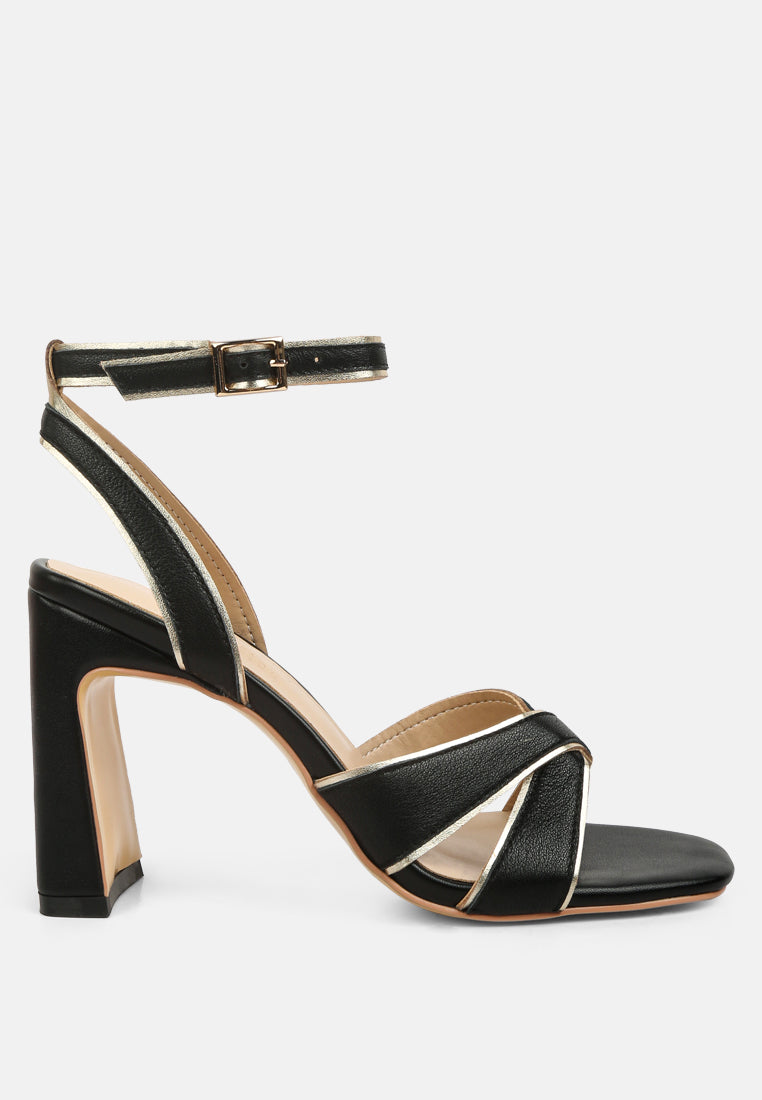 HEERI Black Metallic Lined Slim Block Heel Sandals#color_black