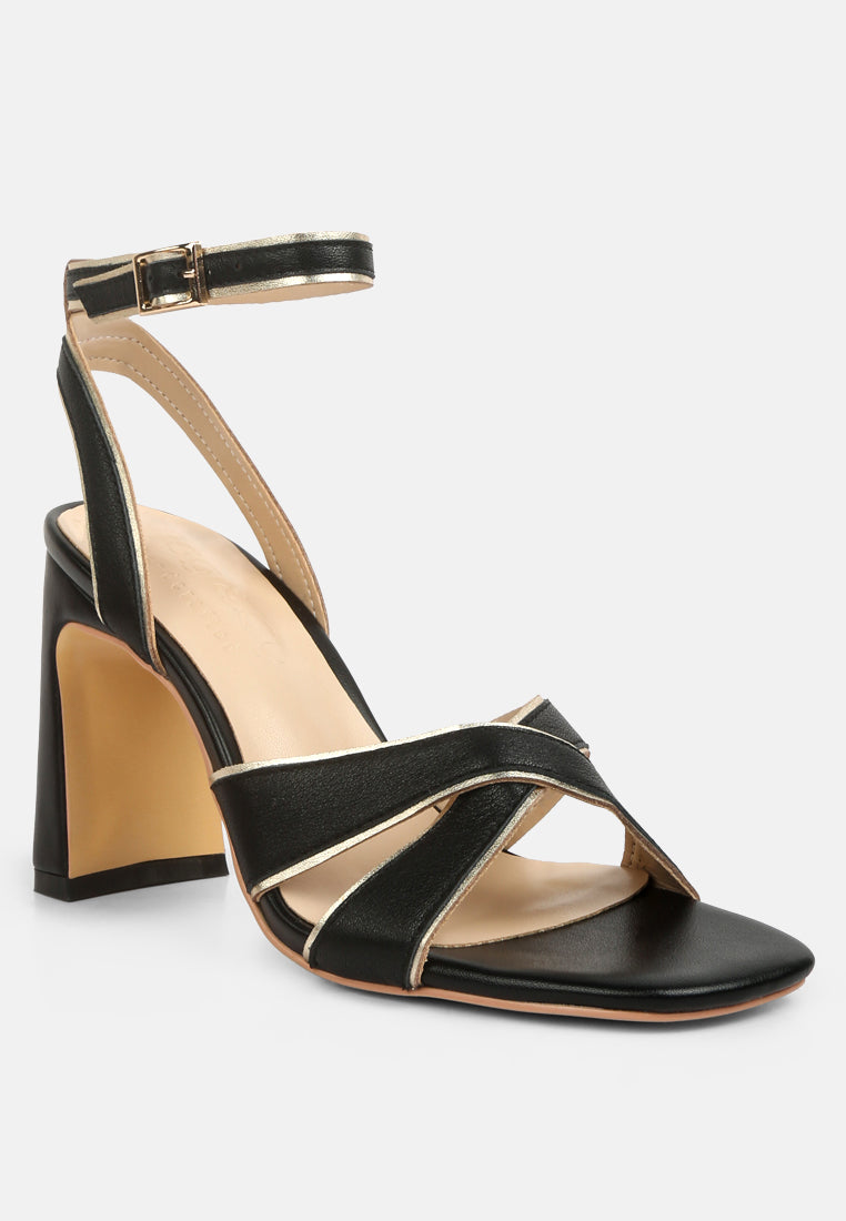 HEERI Black Metallic Lined Slim Block Heel Sandals#color_black