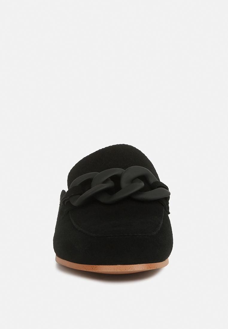 KRIZIA Chunky Chain Suede Slip On Loafers#color_black