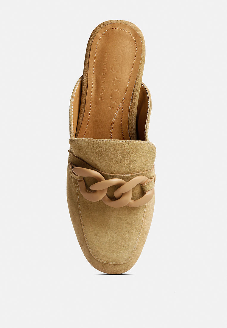KRIZIA Chunky Chain Suede Slip On Loafers in Sand#color_sand