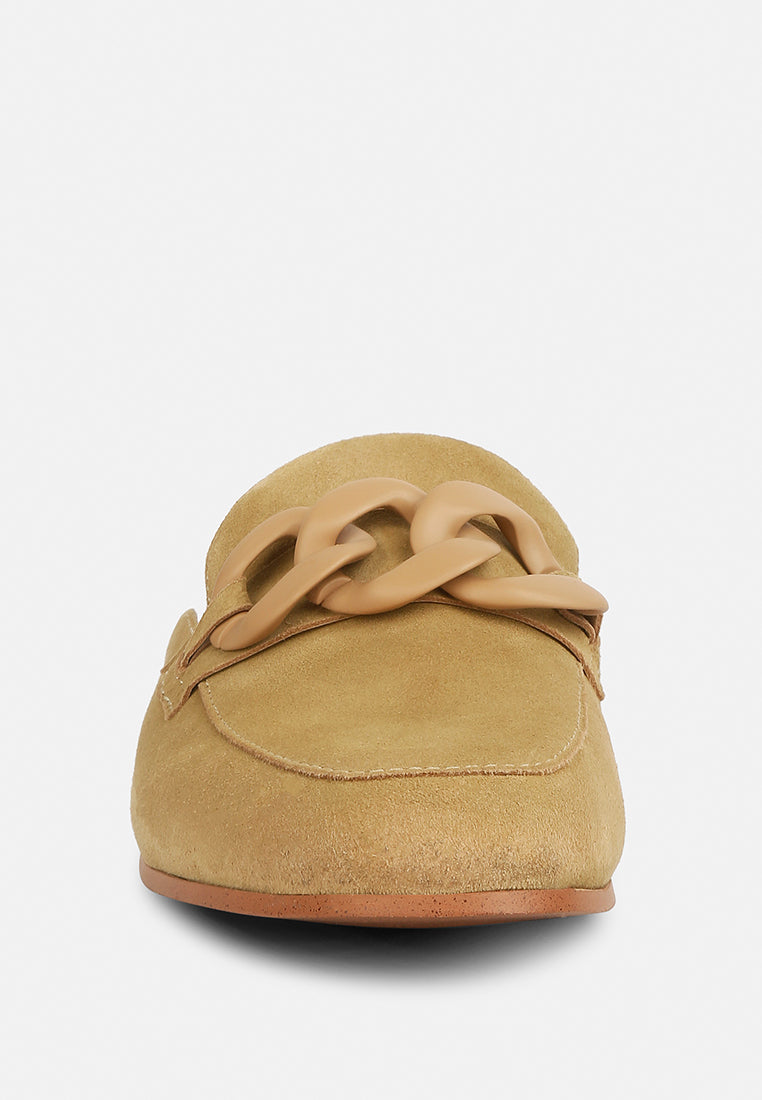 KRIZIA Chunky Chain Suede Slip On Loafers in Sand#color_sand