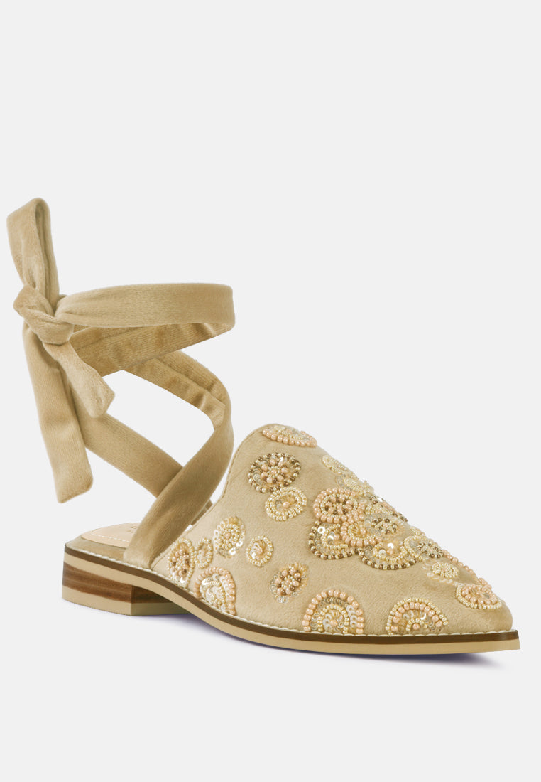 Mande Embroidered Embroidered Velvet Mules in Beige-Beige