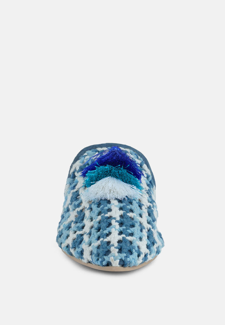 MARIANA Blue Woven Flat Mules With Tassels#color_blue