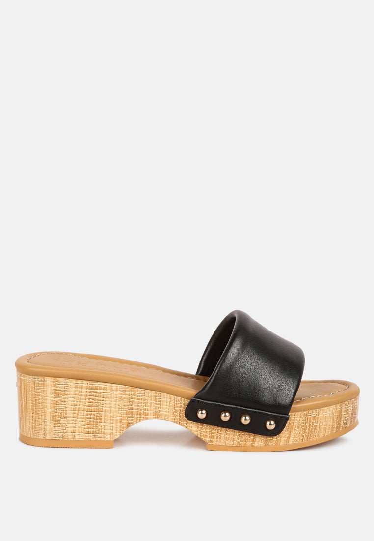 MINNY Textured Heel Leather Slip On Sandals in Black#color_black