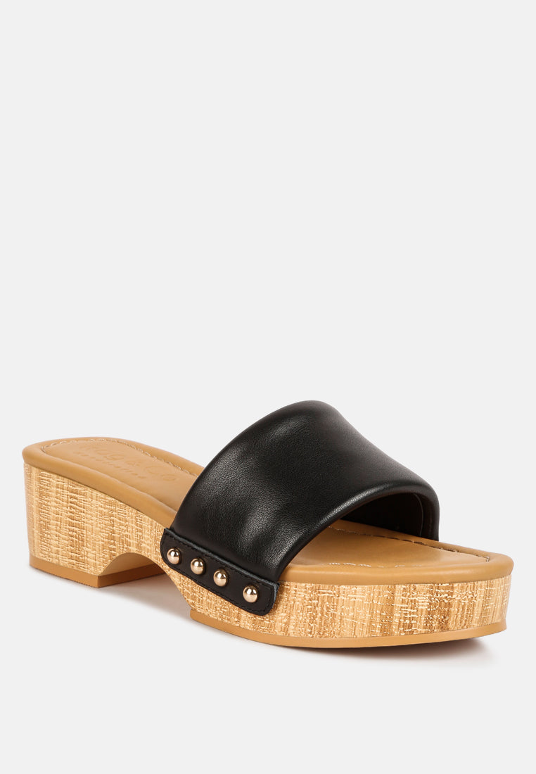 MINNY Textured Heel Leather Slip On Sandals in Black#color_black