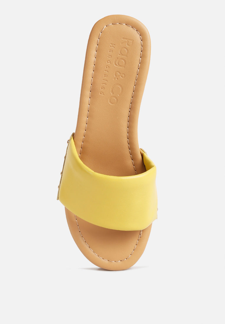 MINNY Textured Heel Leather Slip On Sandals in Yellow#color_Yellow