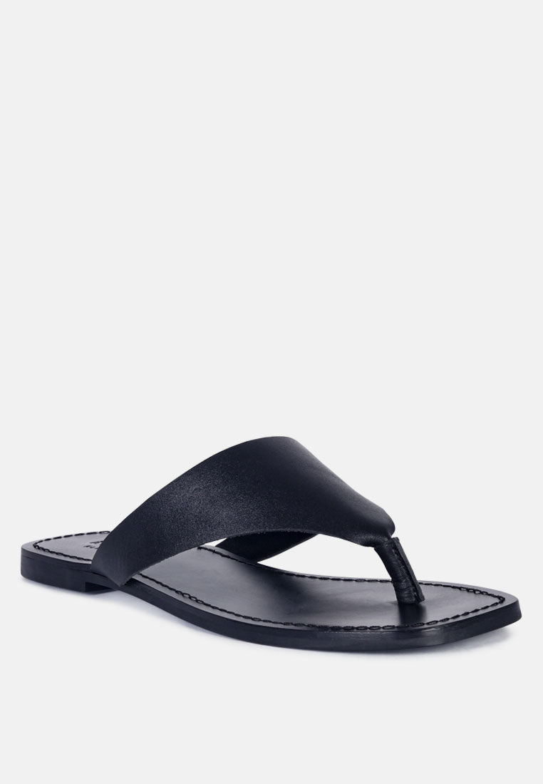 OROFER Black Soft Leather Luxury Thong Flats_Black