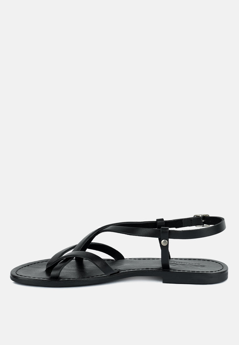 RITA Black Strappy Flat Leather Sandals#color_black
