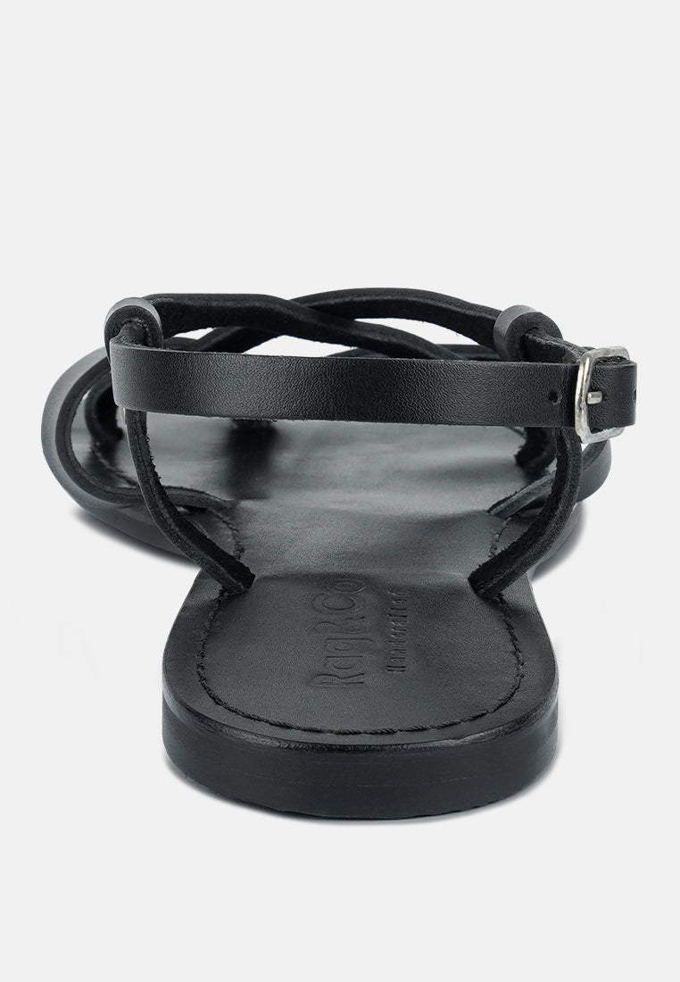 RITA Black Strappy Flat Leather Sandals#color_black