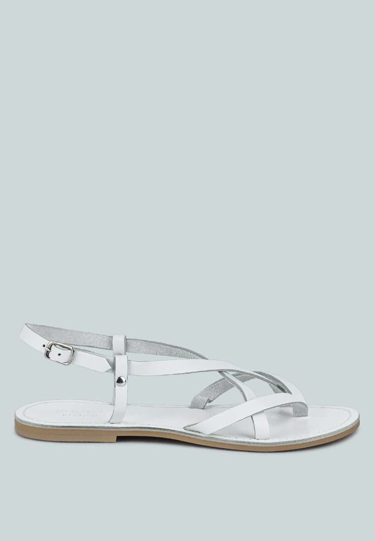 RITA White Strappy Flat Leather Sandals#color_white