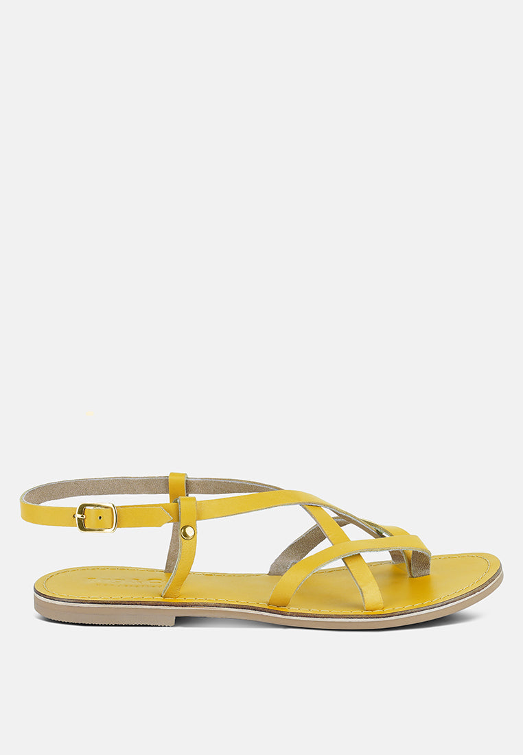 RITA Yellow Strappy Flat Leather Sandals#color_Yellow