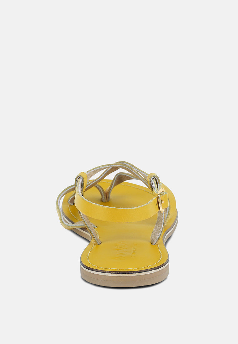 RITA Yellow Strappy Flat Leather Sandals#color_Yellow