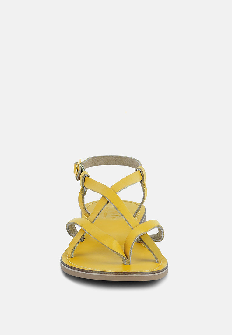 RITA Yellow Strappy Flat Leather Sandals#color_Yellow