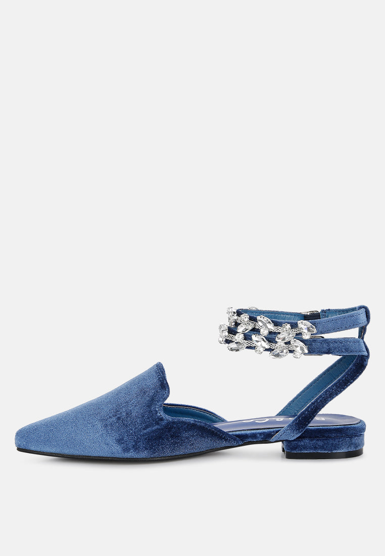 salome blue velvet luxe jewelled flat mules#color_blue