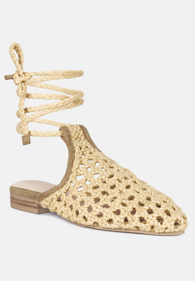 TUTSI Nude Handwoven Honeycomb Cotton Tie Up Mule Flats#color_nude