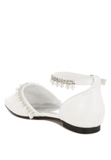 aouva rhinestone & pearl ankle strap flat sandals#color_white