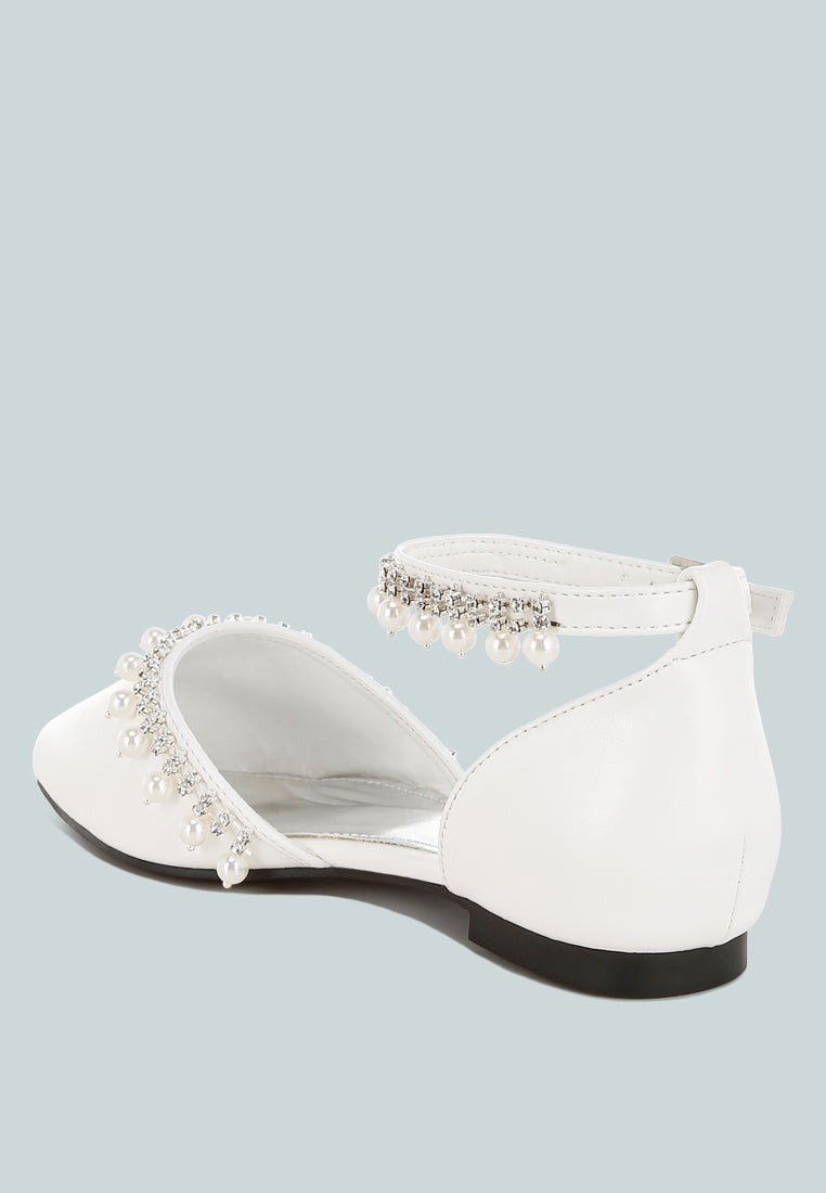 aouva rhinestone & pearl ankle strap flat sandals#color_white