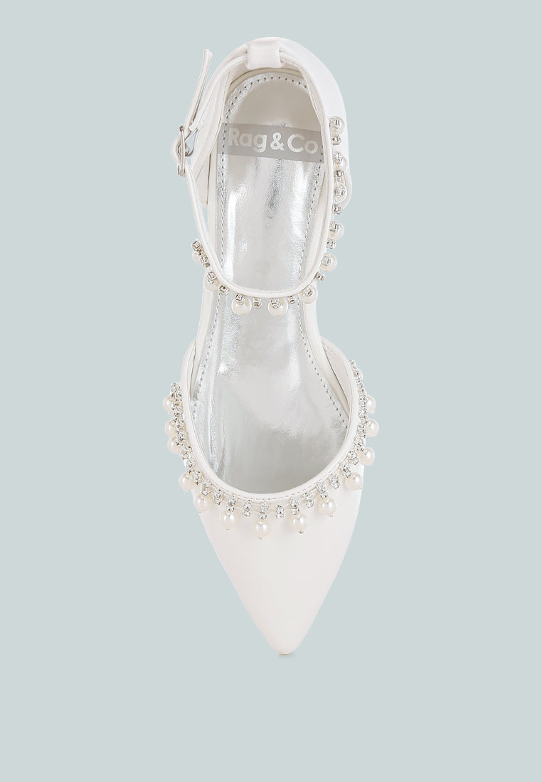 aouva rhinestone & pearl ankle strap flat sandals#color_white