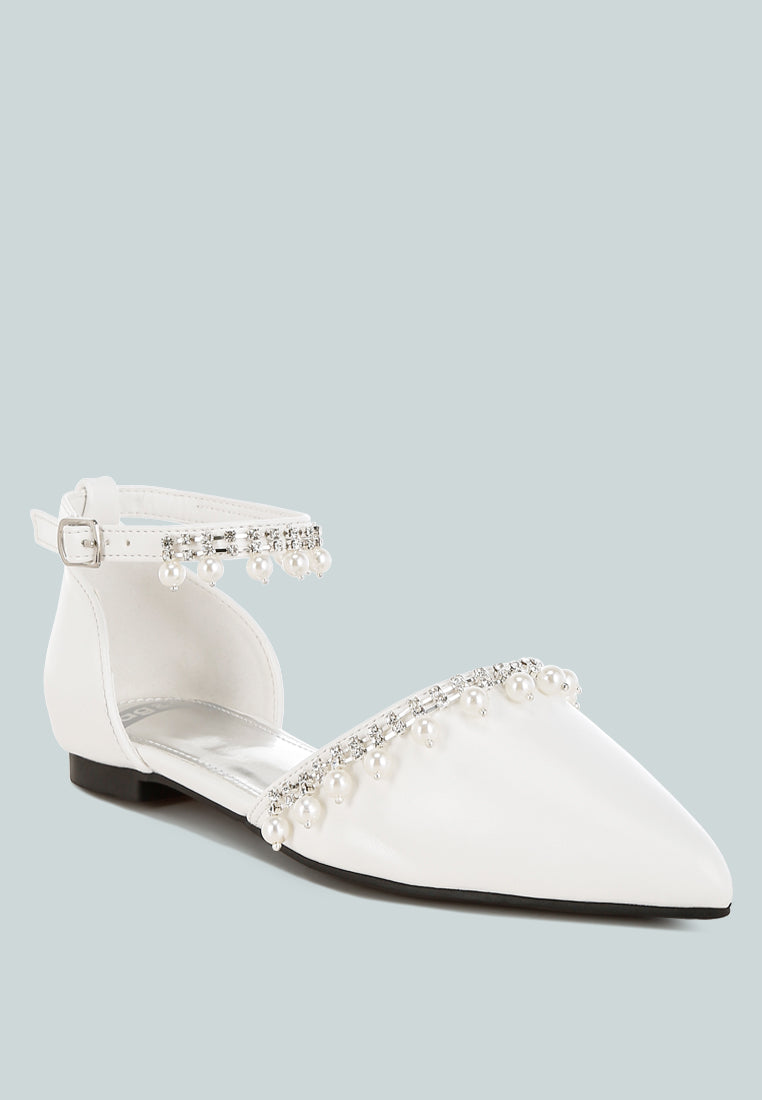 aouva rhinestone & pearl ankle strap flat sandals#color_white