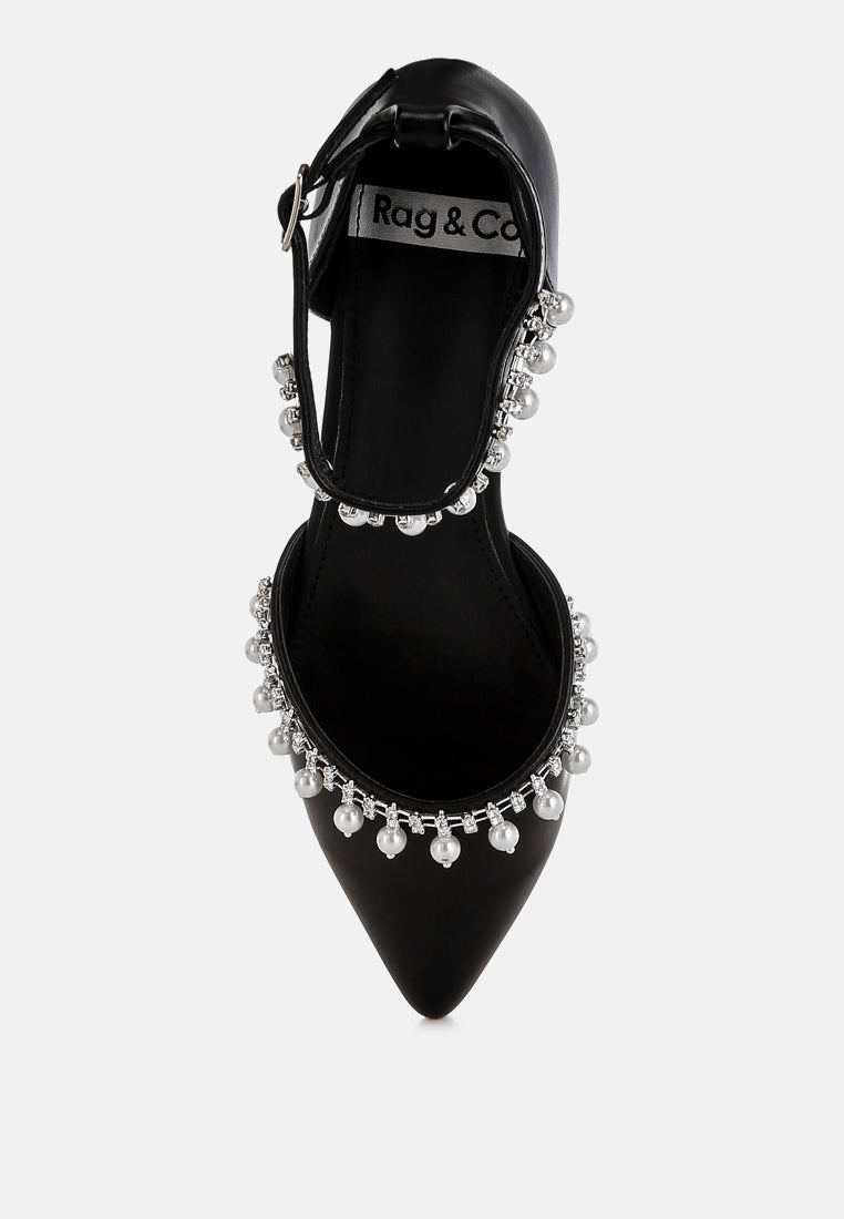 aouva rhinestone & pearl ankle strap flat sandals#color_black