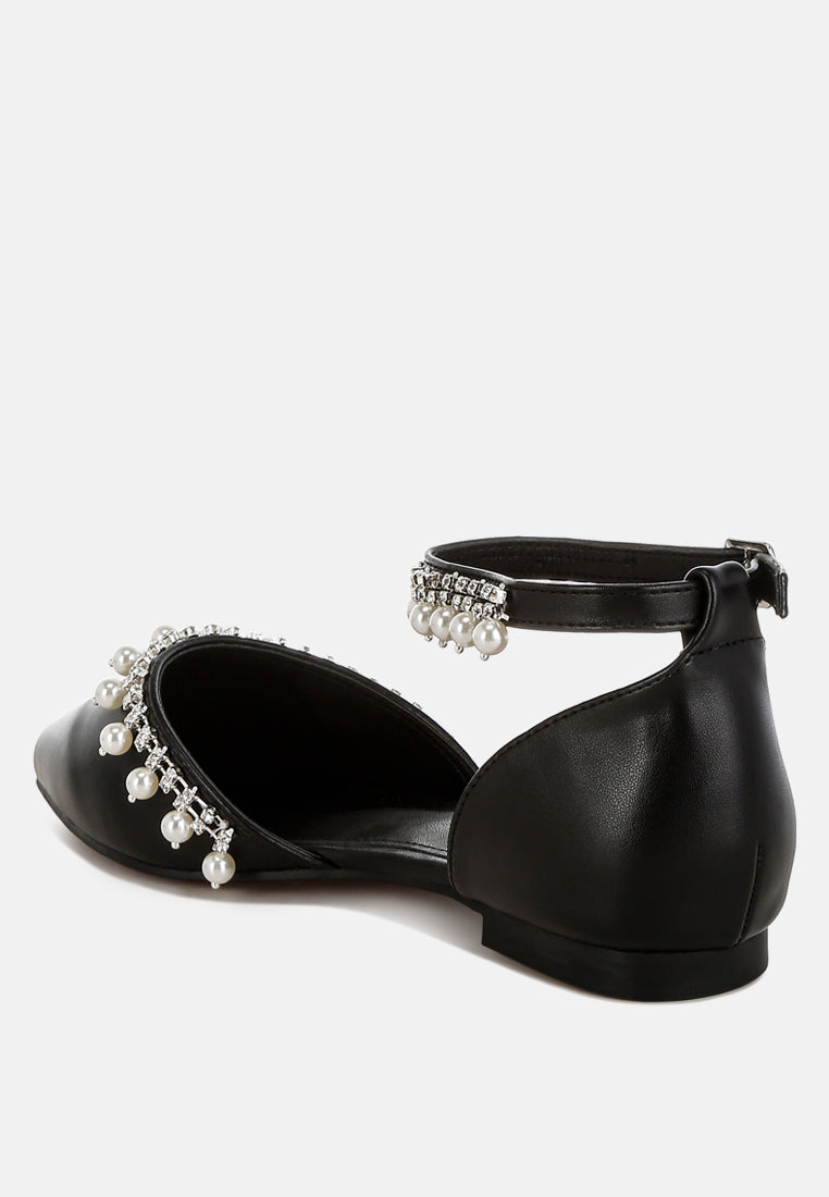 aouva rhinestone & pearl ankle strap flat sandals#color_black