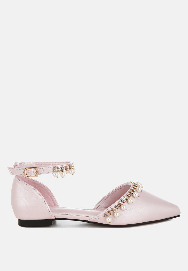 aouva rhinestone & pearl ankle strap flat sandals#color_pink