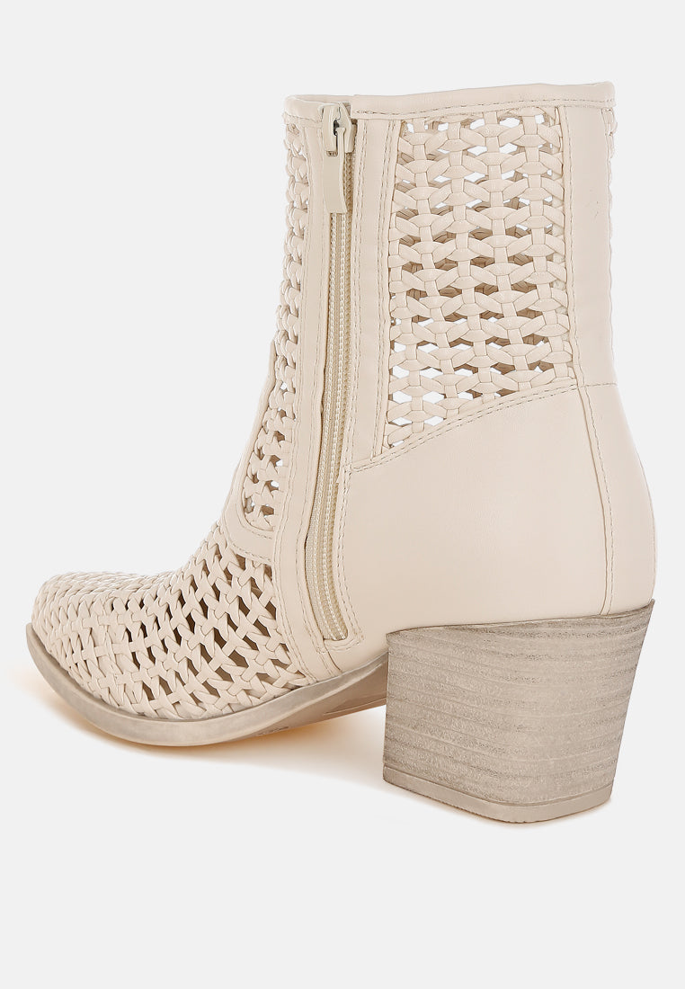 artisole woven pleather block heel boots#color_off white