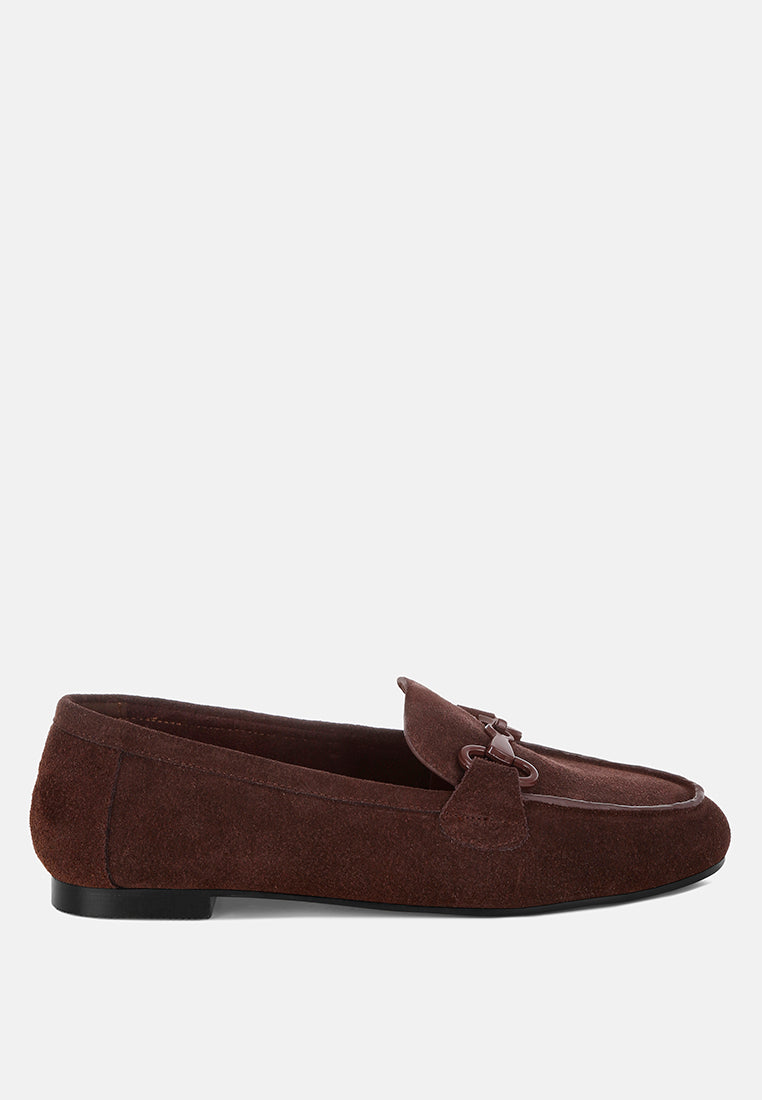 awen monochromatic horsebit real suede loafers#color_brown