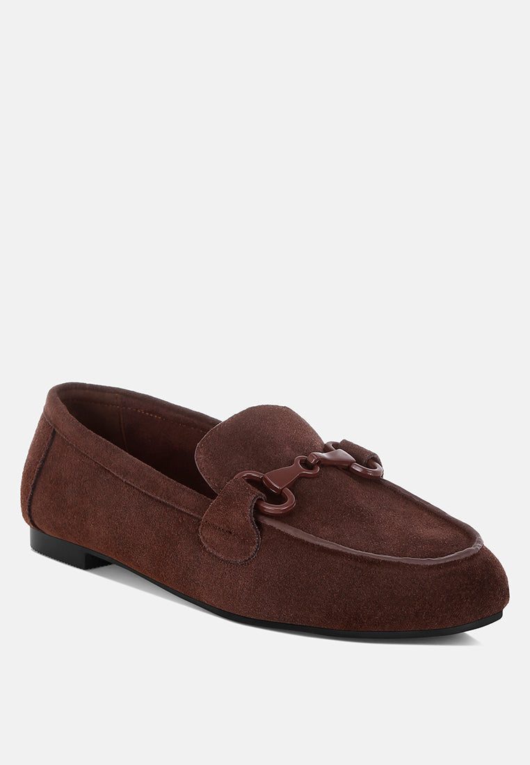 awen monochromatic horsebit real suede loafers#color_brown
