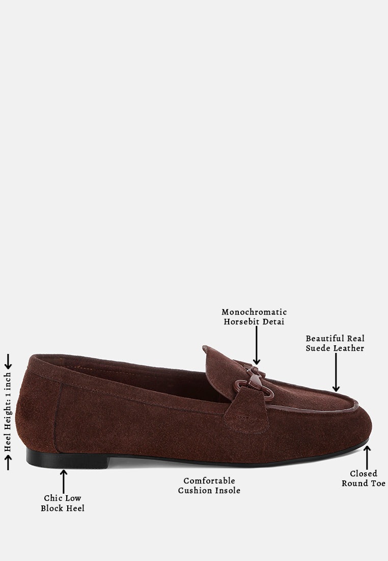 awen monochromatic horsebit real suede loafers#color_brown