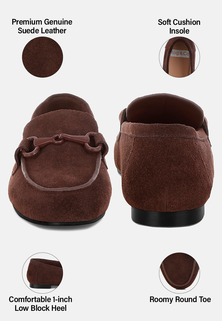 awen monochromatic horsebit real suede loafers#color_brown