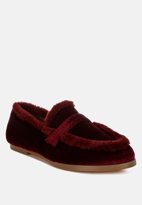 bastian fur detail velvet loafers#color_burgundy