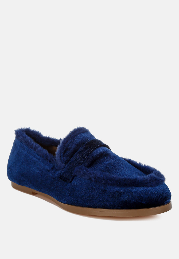 bastian fur detail velvet loafers#color_dark blue
