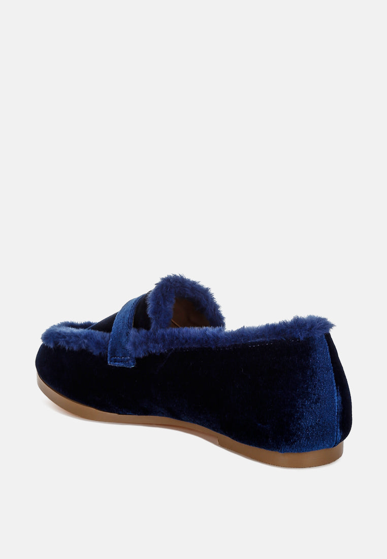 bastian fur detail velvet loafers#color_dark blue
