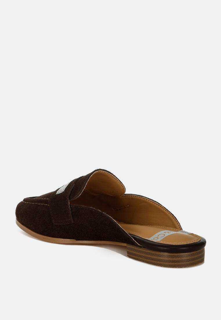 belorose rhinestone strap suede mules#color_brown