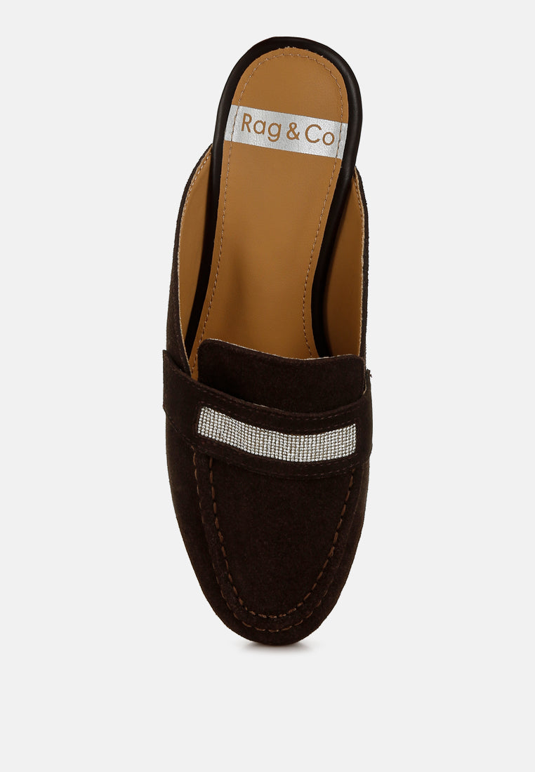 belorose rhinestone strap suede mules#color_brown