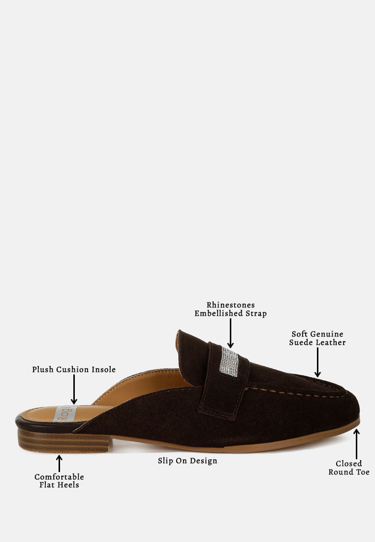 belorose rhinestone strap suede mules#color_brown