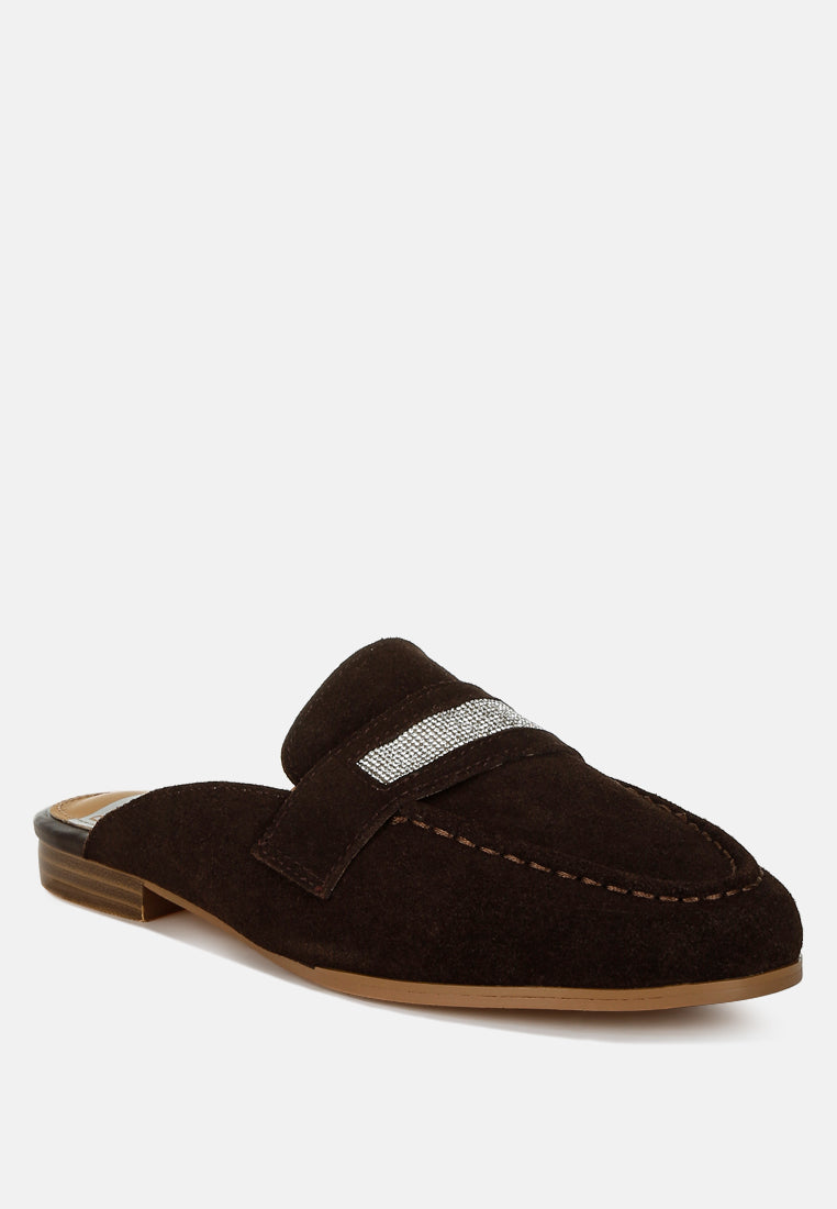 belorose rhinestone strap suede mules#color_brown