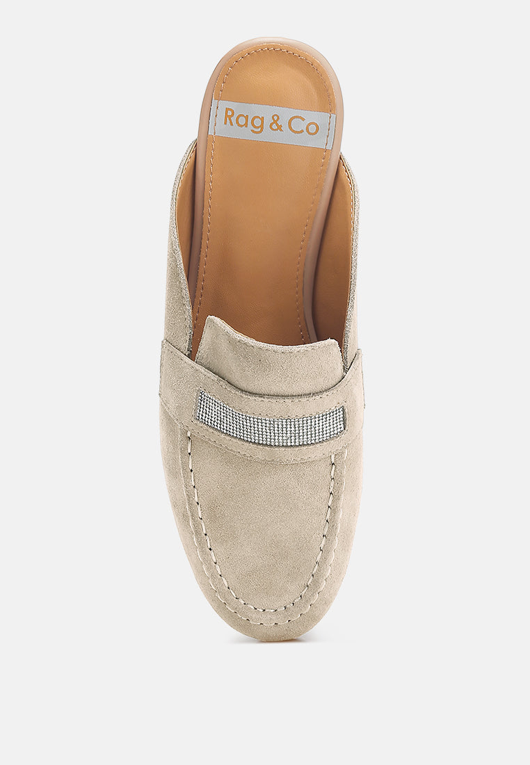 belorose rhinestone strap suede mules#color_beige