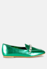 celosia metallic diamante strap loafers#color_green