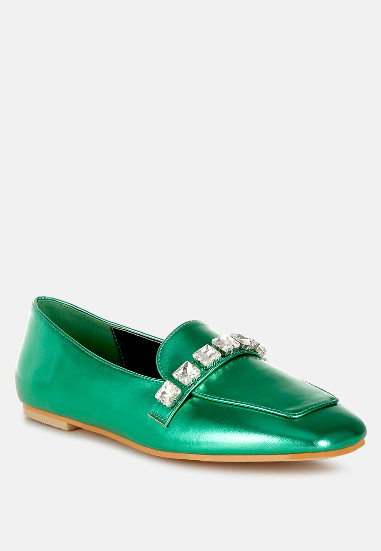 celosia metallic diamante strap loafers#color_green