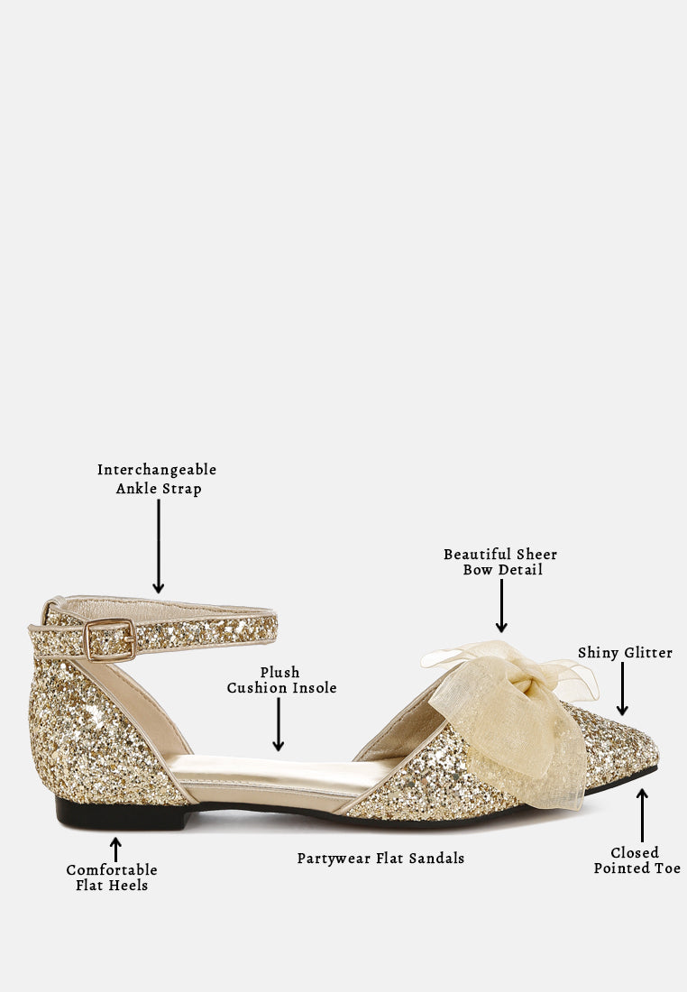clarice sheer bow detail glitter flat sandals#color_gold