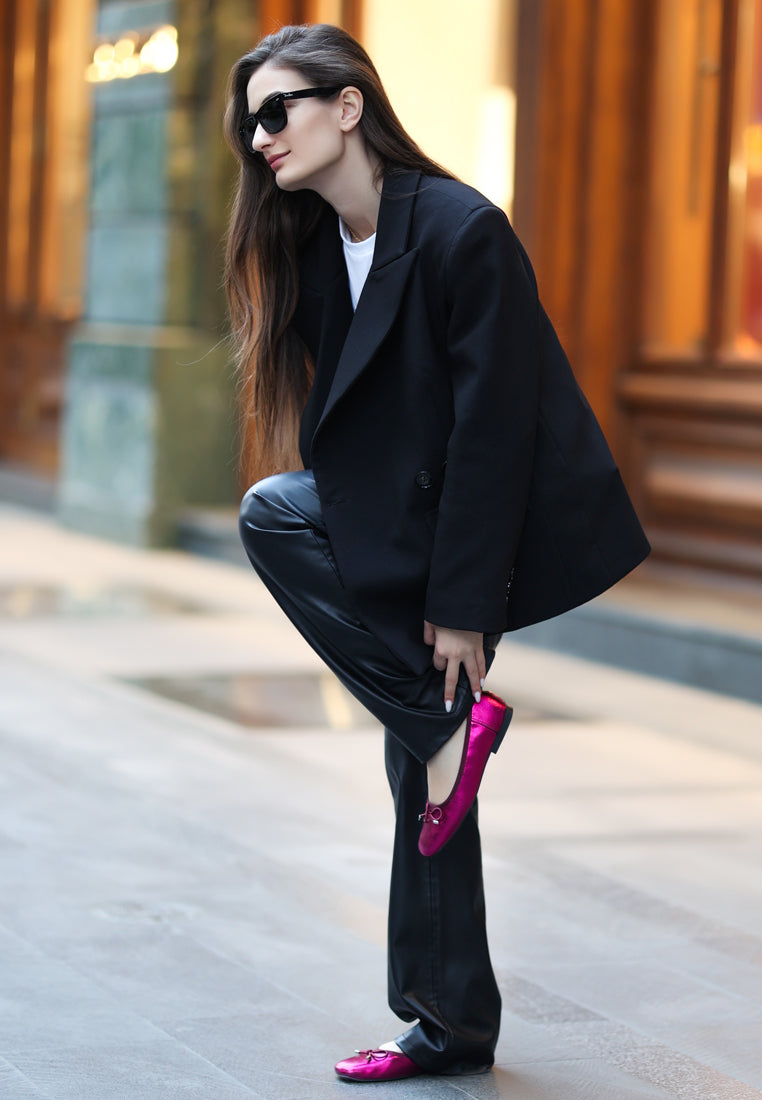 primrose metallic pleather bow ballerinas#color_fuchsia