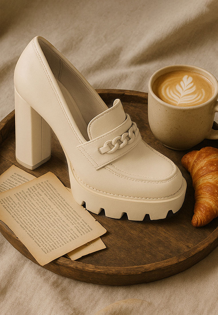 Buy Corinne Beige Chain Embellished Chunky Loafers | Loafers