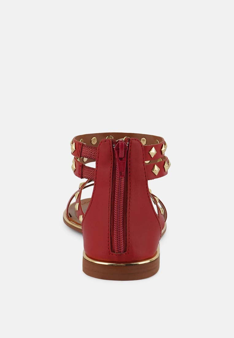 EMMETH Studs Embellished Red Flat Gladiator Sandals#color_red